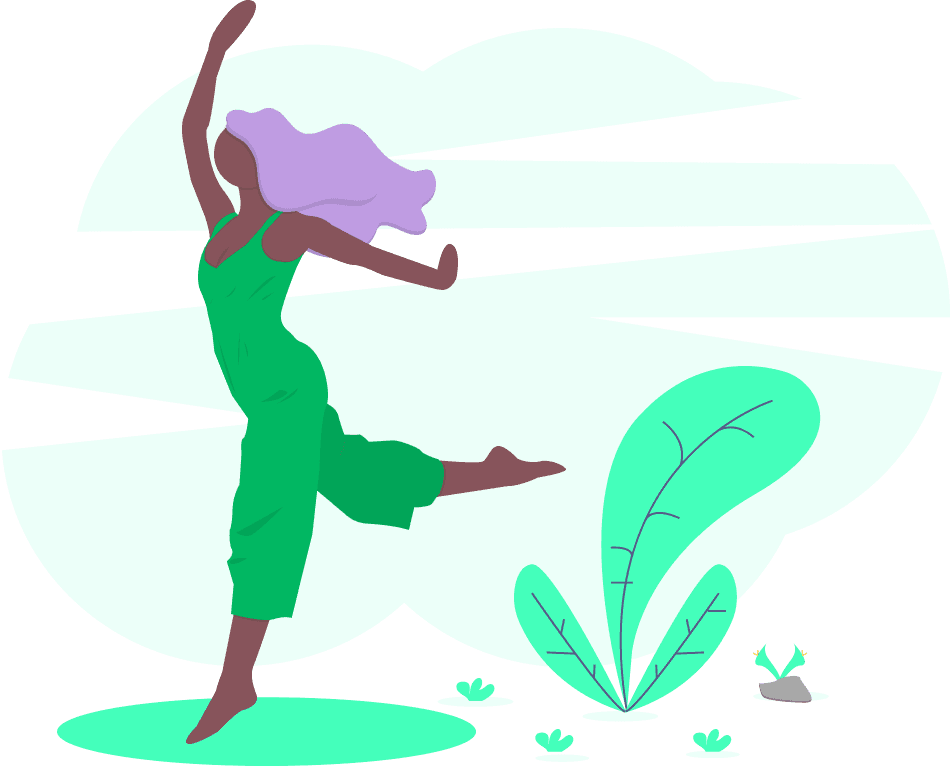 Pessoa com cabelo longo lilás, macacão verde e de pele negra se movendo livremente. Há plantas ao redor.